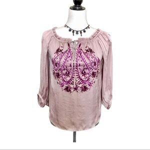 WHBM Satin Floral Peasant Blouse Embroidered Rose Boho Purple